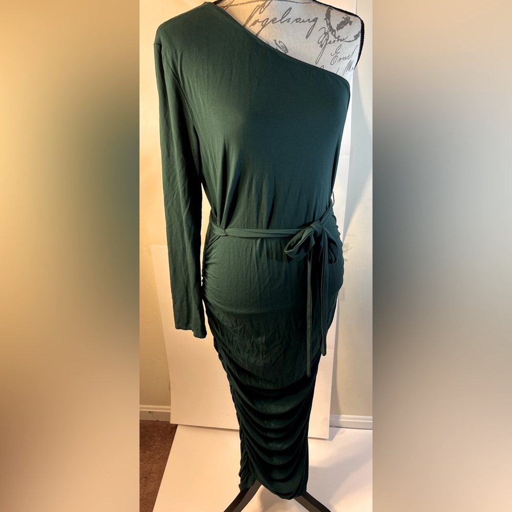 Women’s green bodycon maxi dress, long sleeve one shoulder side rouching size XL